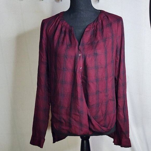 a.n.a Tops - A.N.A. A New Approach Wine Black Plaid Long Tab Sleeve Button Up Faux Wrap Top S